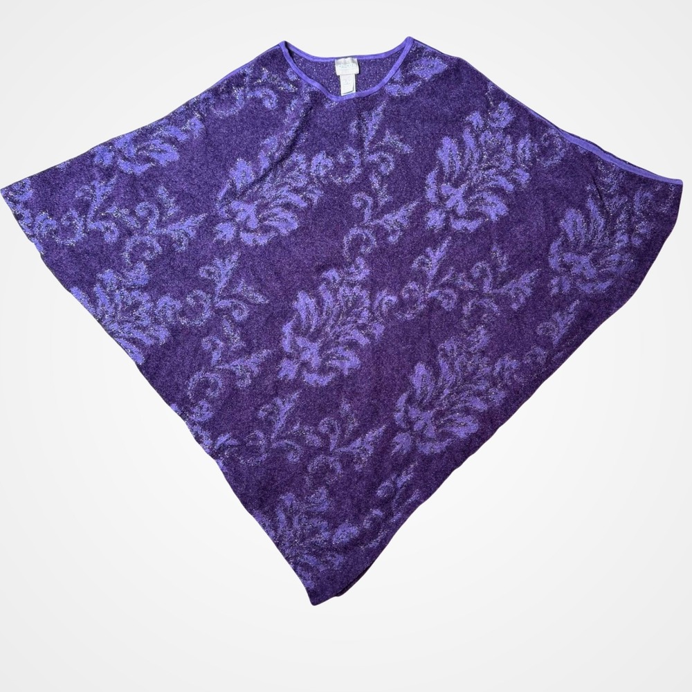 Chicos Purple Damask Poncho Sweater Metallic Knit Wrap SM Lightweight Dressy